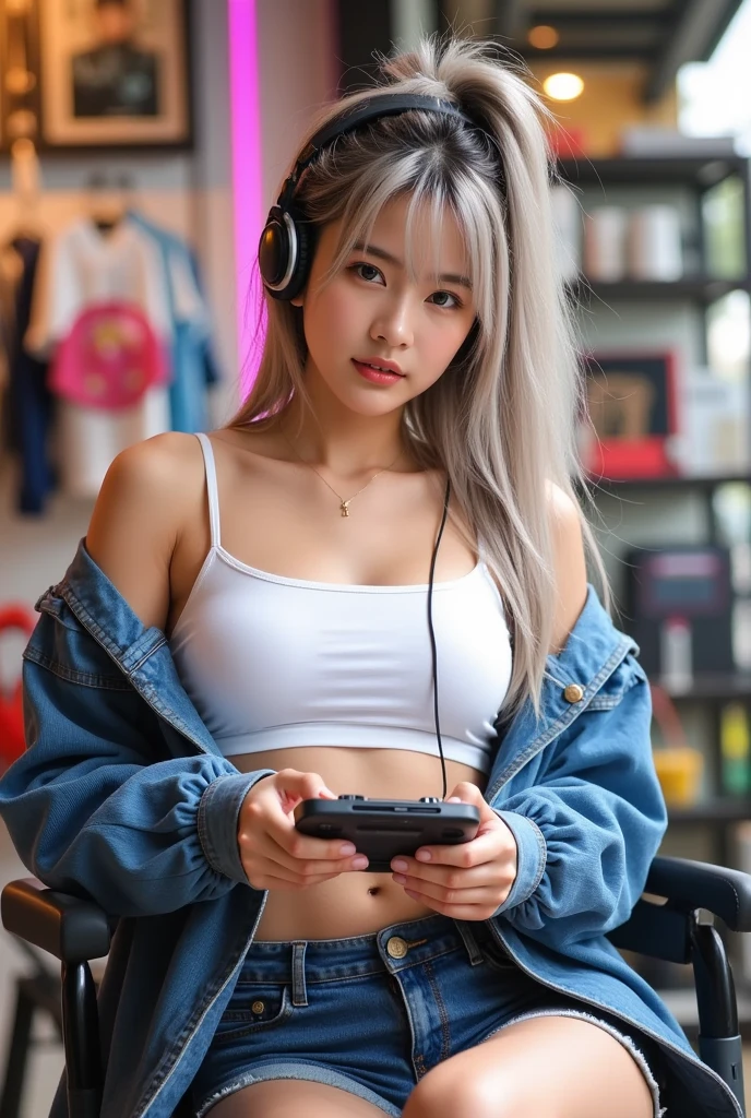 (realistic:1.3), finely detailed, quality, rembrandt lighting, (masterpiece:1.2), (photorealistic:1.2), (best quality), (detailed skin:1.3), (intricate details), dramatic, ray tracing, 1girl, ponytail, headgear, headphones, 21 years old, detailed skin texture, (blush:0.5), (goosebumps:0.5), subsurface scattering, smiling, medium breasts, short sleeves, off-shoulder, bare shoulders, white shirt, white thighhighs, sitting, (cute pose, bright sunny day, living room, sofa), <lora:ayanami_niconico:1>