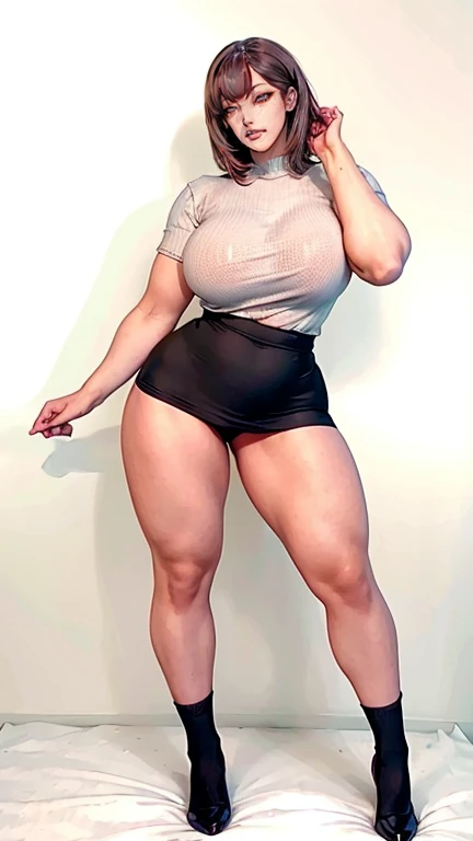 (masterpiece,8k,Award-winning photo,photoRealistic,Realistic,Very detailed,Ultra-high resolution:1.4),Wavy hair with bangs,(Bright rouge lips,sexyな唇),///one person,The most beautiful,17 years old,(sexy,Japanese Idols),ponytail///Human details Shiny skin,Detailed skin,Beautiful Skin,Beautifully detailed face,Perfect figure,Beautiful details,///(double eyelid,Droopy eyes),(Huge breasts,Cleavage,Beautiful breasts:1.3),///jewelry,Earrings,necklace,(whole body,Attractive body,Tall and beautiful,Please stand up straight:1.7),((sexyなニットドレス,Shorts,High heels:1.2)),///Finished ultra-Realistic textures, RAW Photos,(expensive,Muscular,Abdominal muscles,Muscularな女の子:1.4)