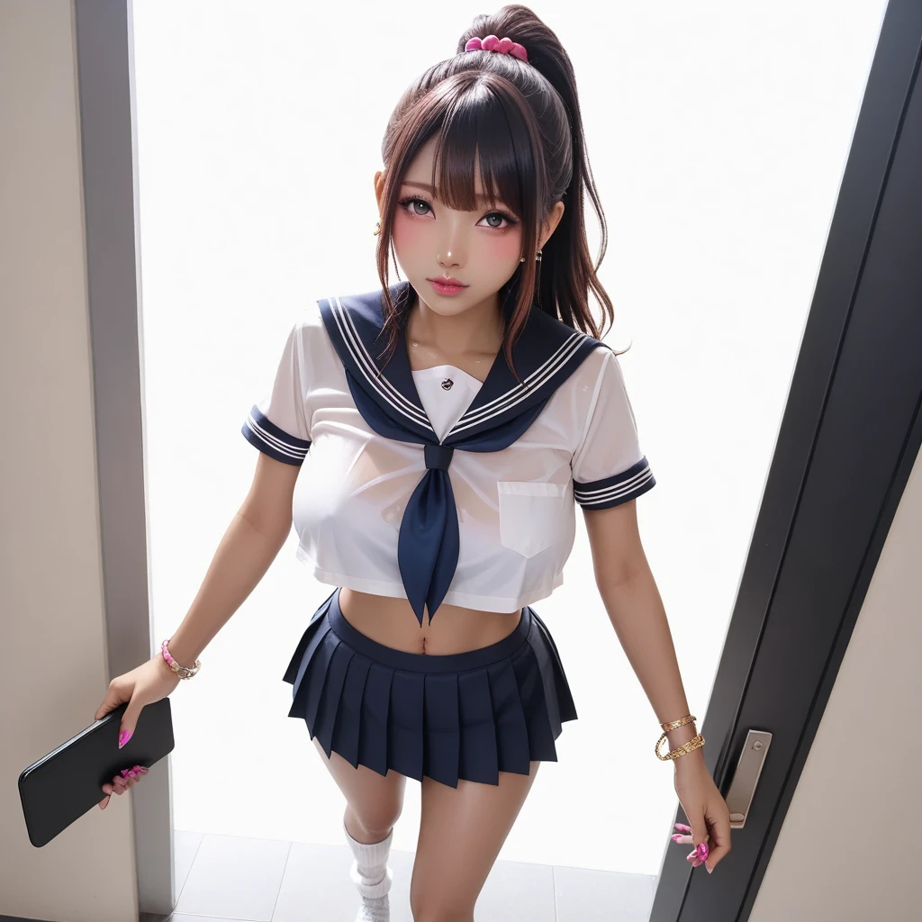 2 girl, realistic, extremely detailed, 8k, trending on ArtStation, Intricate, High Detail, Sharp focus, cute high school girl, beautiful, standing, indohighschool uniform, black wavy hair, school hallway, cute, photorealistic, full body, detailed, high quality, using pink panties, using white panties, visible panties