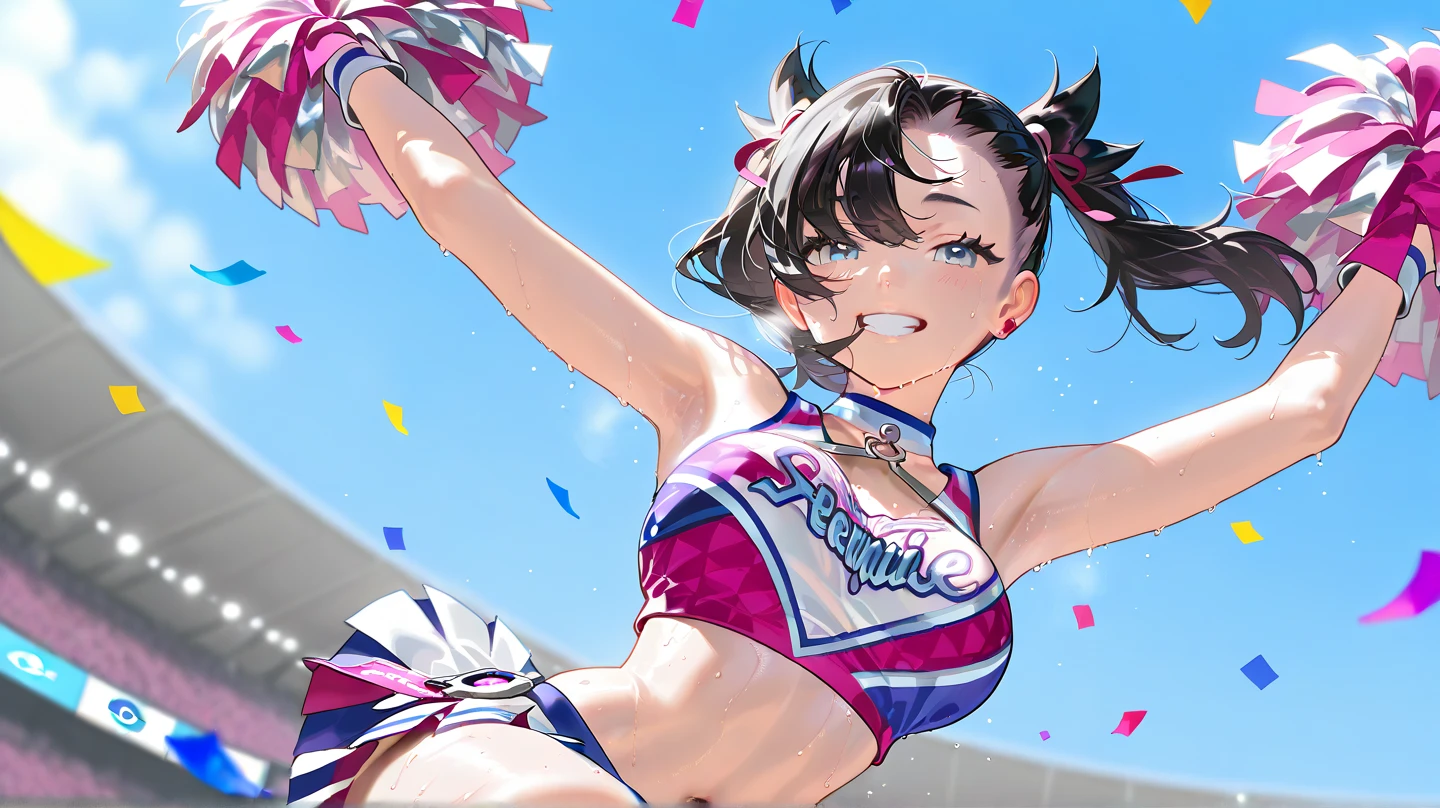 Highest quality,Highest Resolution,A beautiful girl with a crying face, a cheerleader with pom-poms,Sweat flying,Big eyes,Belly button,Underwear that becomes transparent due to sweat,Black hair ponytail,Abdominal muscles,Diagonally below,Arena,support,Outdoor,Sunshine,Open your mouth and drool,Dripping a lot of saliva,
