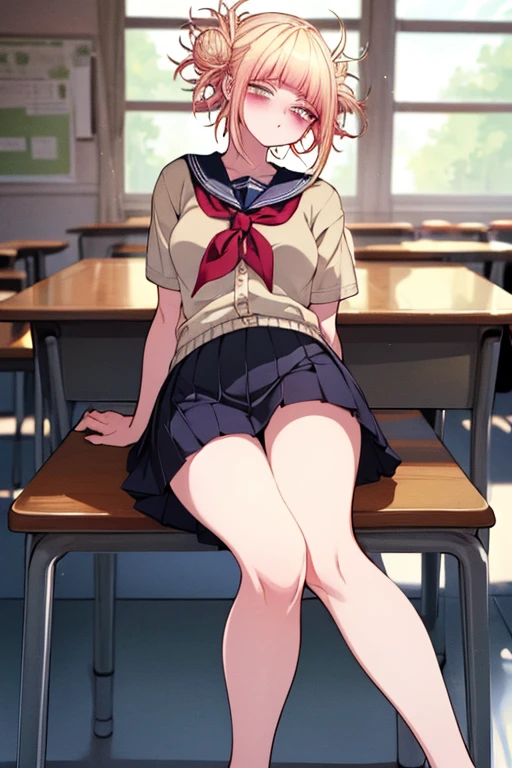 score_9, score_8_up, score_7, 1 girl, solo, looking on viewer, Jessica, orange hair, hairband, short hair, purple skirt skirt, blue shirt, black pupils, full body, shy, sitting, in classroom, light smile, cameltoe, blush, white panties,
