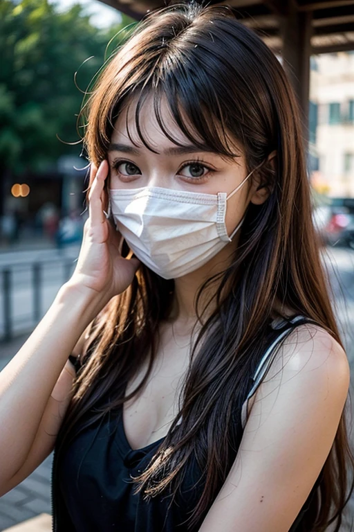((top-quality、8k、masterpiece:1.3))、Crisp focus:1.2、Beautiful Women in Perfect Style:1.4、Wear a white mask((Dark brown hair、huge tit:1.2))、(white t-shirts:1.1)、Street:1.2、Highly detailed facial and skin texture、A detailed eye、二重まぶた