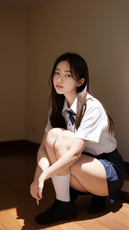 Raw photo, highest quality, masterpiece:1.2), highest quality, figure, Very detailed, Fine details, High resolution, wallpaper, Perfect dynamic composition, (Detailed high quality, Realistic depiction of eyes:1.3)、A woman who has been and has her hands tied、Arms wrapped around his back, hands tie behind back, Put duct tape over your mouth、Inside a beautiful hotel room at night、Crouching pose、Bent knee squats、Squat down with your legs spread apart、Squatting while showing your crotch、Sitting on the floor with knees up、Outside the window is a night view、 With legs wide open、(The bra is white、Panties are white、Panty shot)、Blue Short Sleeve Blouse、(Tartan plaid pleated skirt)、whole body、The whole thing faces forward、17 years old、High school girls、Wearing loafers、Wearing knee-high socks、Beauty、Well-formed face、Make your eyes even、Beautiful black hair、Has bangedium build、Well-balanced proportions、Beautiful legs、Fresh face、Beautiful scenery、, Surrealism, cinematic lighting, first-person view, f/1.2, Nikon, cowboy shot, 8k, masterpiece, 8k, UHD, award winning, best quality, highres