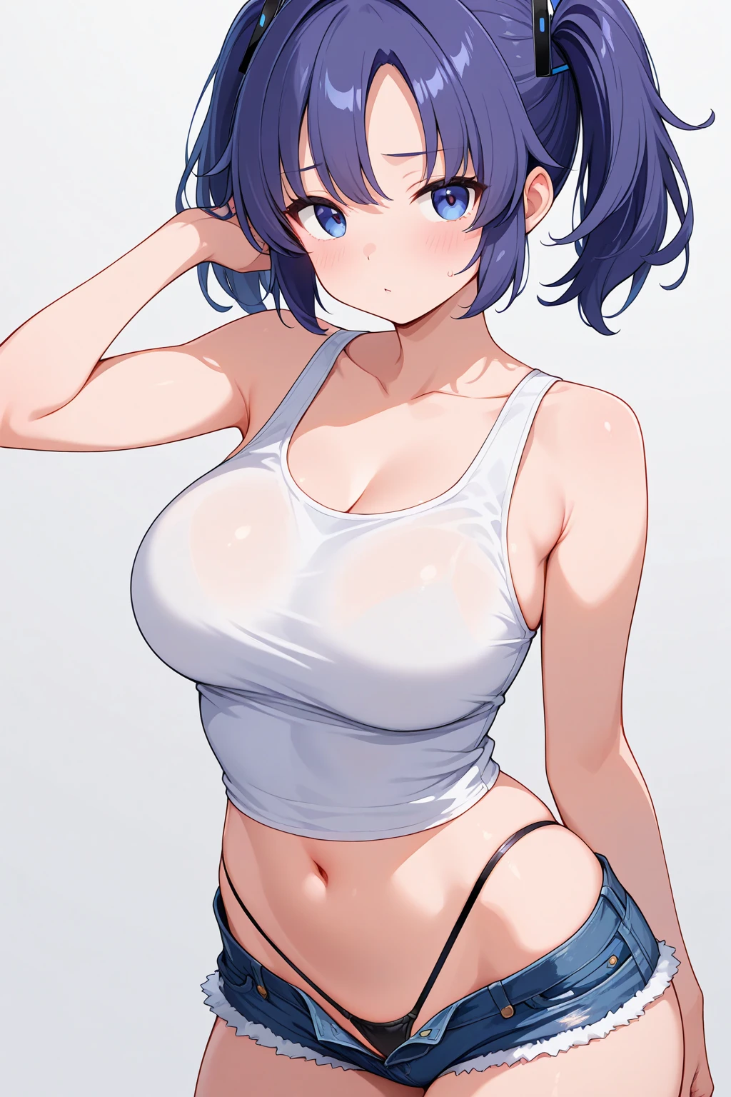 Character portrait、Embarrassed expression、blush、Ultra-detailed illustrations、Ultra-precise expression、masterpiece、Highest quality、ultra High resolution、High resolution、Hiromitsu Takeda Style、White background、Simple Background、Young、One girl、10th Generation、solo、Black Hair、Drooping eyes、Timid、Short Hair、Grey Eyes、Big Breasts、Sweat、White Breath、Light blue sexy panties、Light blue bra