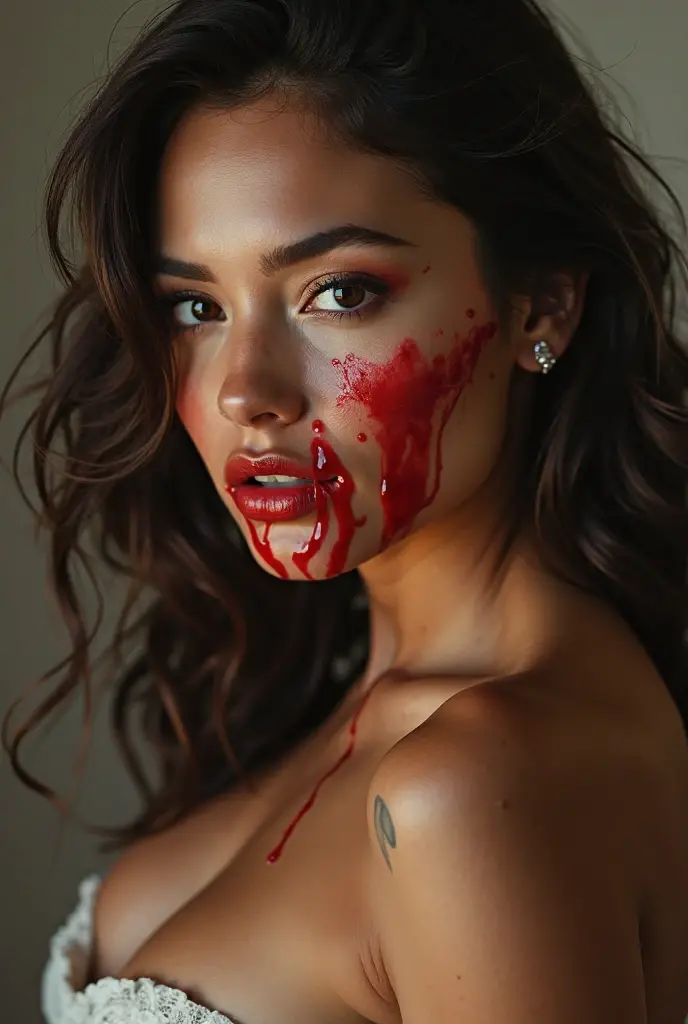 A fat hot woman tortured, dripping blood from the mouth, bruised face, left black eye, hurted, beaten, tortured, injured, torture scene brutal, getting a punch in the face by a torturer man,