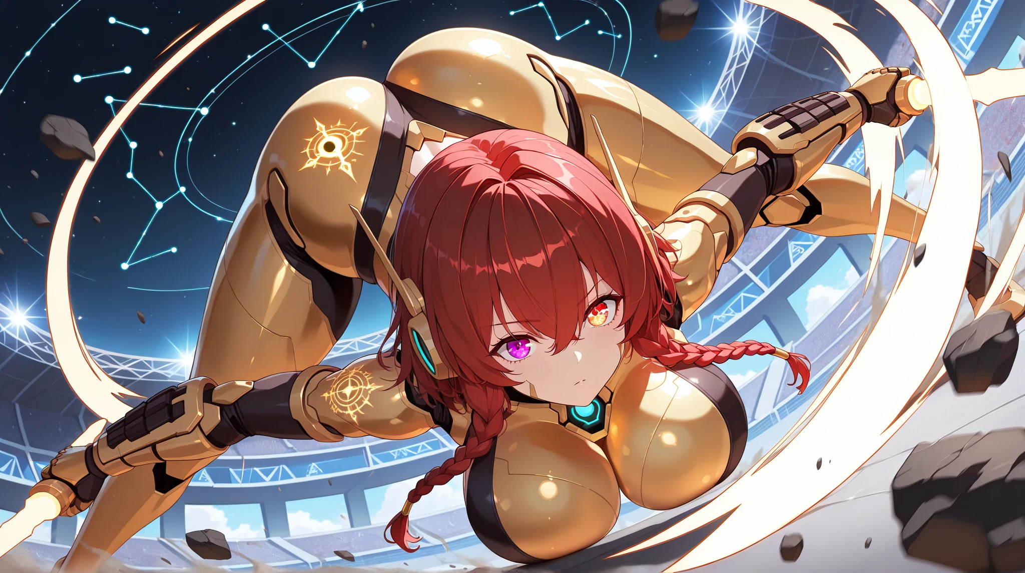 (nsfw),(masterpiece:1.2),(best quality:1.2),dim lighting,
(huge breasts:1.2),full body,from side,looking back,(grabbing own ass:1.2),topless,ass,nipple,wide hips,skindentation,pussy juice,(multicolored hair:1.2),red hair,aqua hair,
floating,blush,open clothes,straddling,glowing dildo,vaginal object insertion,sex machine,
<lora:homura_v1:0.6>,pyra \(xenoblade\),glowing suit,
sitting on glowing interface,in space,holographic interface,heads-up display,space,colorful galaxy,
