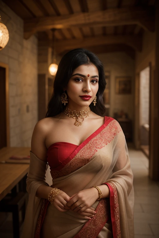 Day scene, close up photo of a sexy Indian queen, posing in a palace, super stylish red dress with wide open breasts, swooping breasts, accessories, earrings, necklace, erotic face, 36 yo, ponytail, look at viewer and smile, , intricate details, 