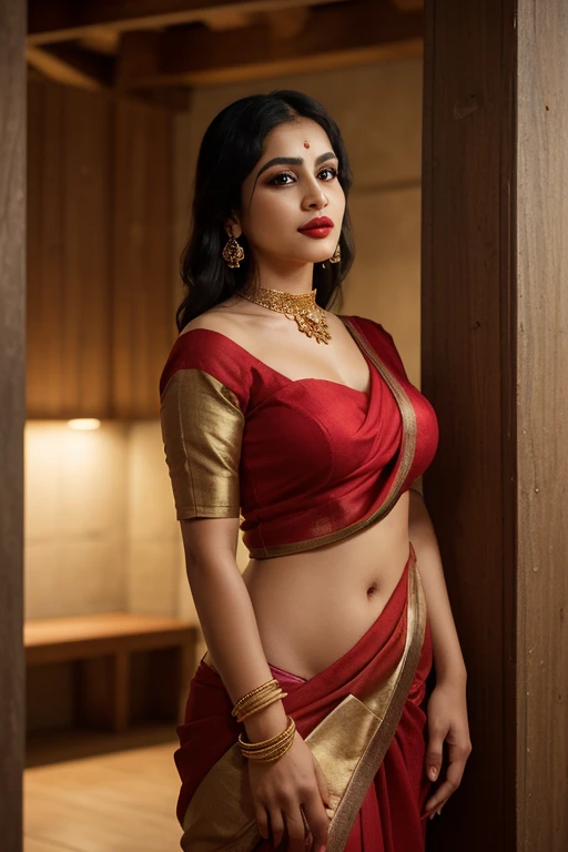 a woman in a yellow and red sari, traditional beauty, inspired by sweta tiwari, with seductive look, wearing bihu dress mekhela sador, assamese aesthetic, dressed in a sari, assamese, wearing a sari, wearing sari, very beautiful photo, traditional makeup, big breast