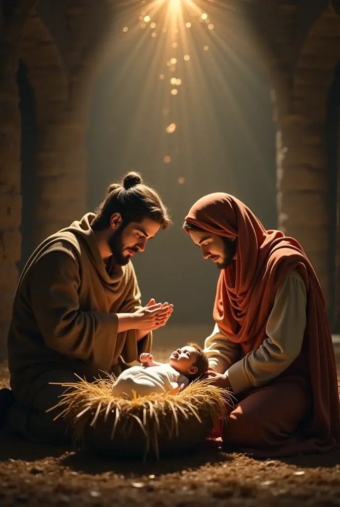 3d cinematic"A serene scene of the birth of Lord Krishna in a humble setting in jail, with the divine baby Krishna lying in a cradle, surrounded by a peaceful glow"