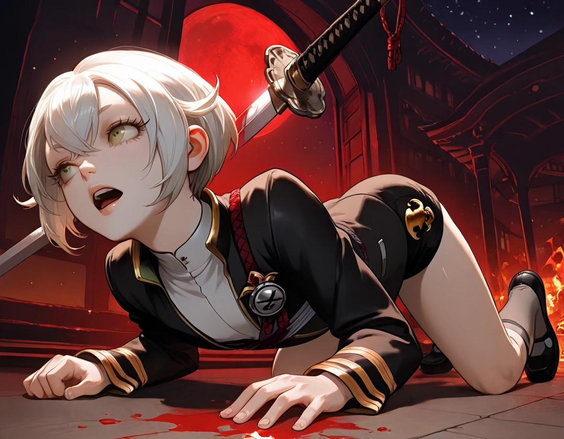 ((blood droplets)), ((blood)), ((blood splatter)), ((blood on clothes)), ((blood stain)), Masterpiece, Beautiful art, professional artist, 8k, detailed body, Very detailed face, very detailed eyes, Detailed clothing, detailed fabric, Best Quality, better resolution, 1 girl, bronya zaychik \(Honkai Impact 3rd\), view from behind, perfect ass, standing, big breasts, serious expression, At night , short silver hair, , choker:1.6, (white collar button down long sleeve shirt), (shiny black corset), black gloves that cover your hands, (holds an ax with his right hand), (shiny black leggings), evening de invierno, Dark road, dark forest, evening, Atmosphere, fog