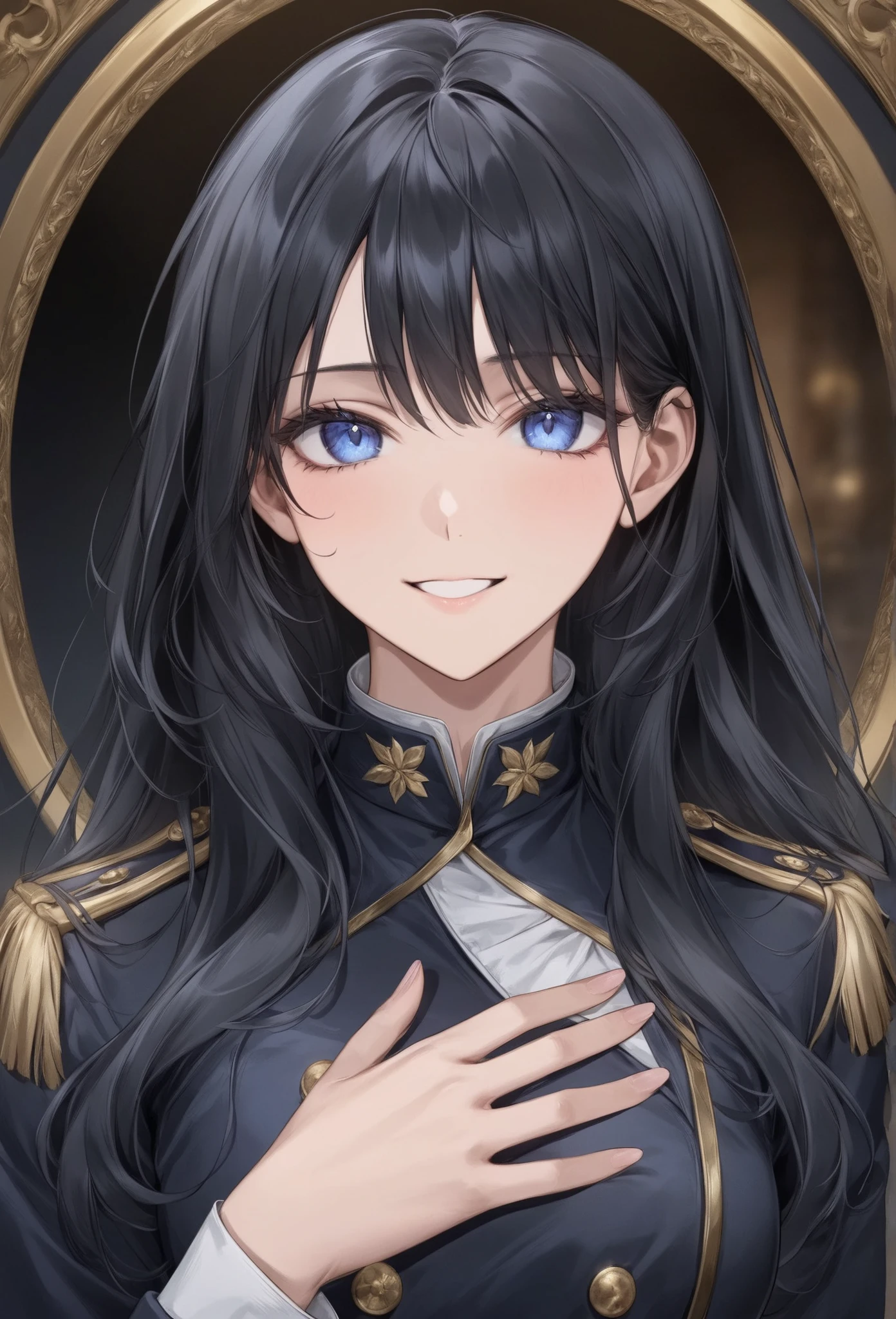 score_9, score_8_up, (masterpiece, top quality, best quality, official art, beautiful and aesthetic:1.2), (8k, best quality, masterpiece:1.2), (((masterpiece))), (((best quality))), (((extremely detailed))), illustration, (masterpiece, top quality, best quality, official art, beautiful and aesthetic:1.2), (8k, best quality, masterpiece:1.2), see-through, source_anime, 1girl, adult, ((dark hair)), dark hair, ((intimidant look)), ((close-up)), blue eyes, uniform, sexy, dark colors, brillant eyes, ((wavy hair)), perfect hands, ((intimidant look)), good anatomy, ((militar uniform)), emotionless, intimidant, ((beautiful eyes)), close up, ((detailed eyes)), beautiful eyes, ((detailed face)), arrogant smile, detailed face, full body, evil smile
