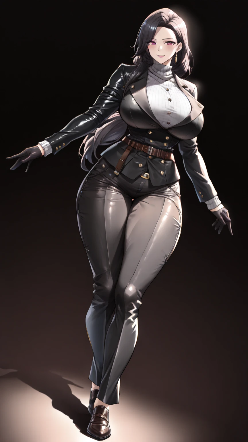 8k, 4k, intricate details, cinematic lighting, stunning environment, ornate, (realistic:1.3), detailed face, detailed eyes, detailed shadows, 1girl, solo, curvy, gigantic breasts, thick thighs, very long hair, silver hair, red eyes, (military uniform:1.1), black uniform, golden ornament, high heels, high boots, belt, golden belt, mini skirt, (tight skirt:1.1), (black leather pantyhose:1.1), <lora:CHA_SelvariaBles:0.9>