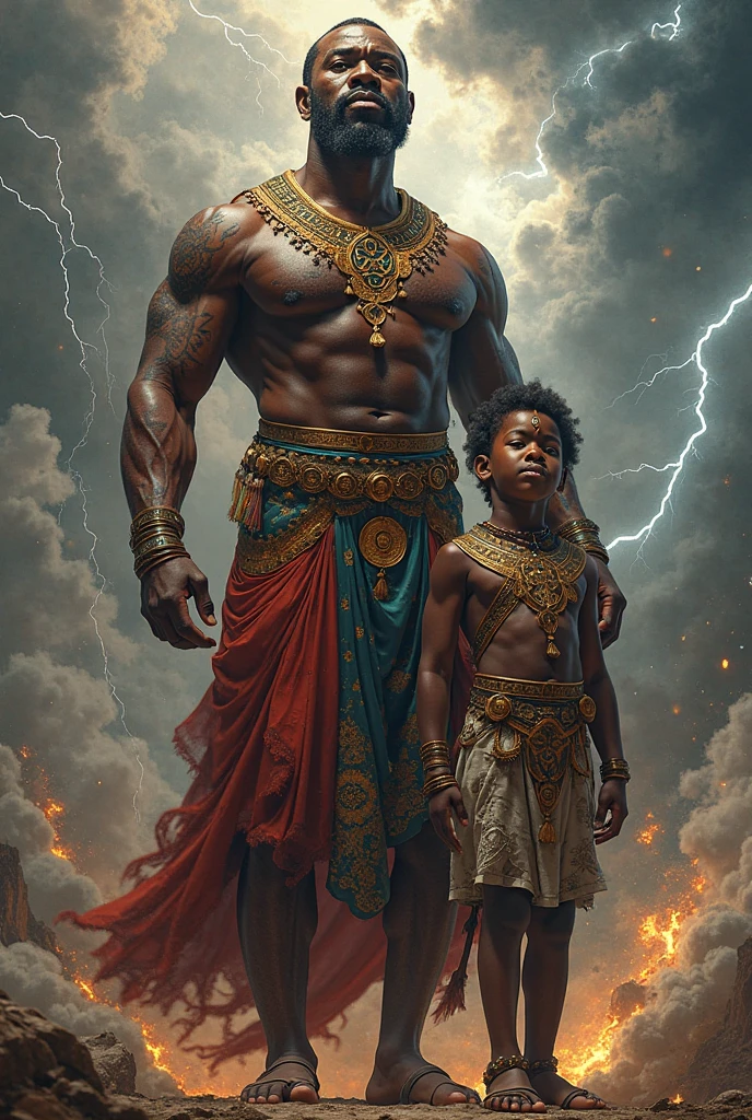 A book cover with the title "As Incríveis Aventuras de Thalor" at the top. Below the title, there's an african man with a beard and a determined expression protecting two twins youngs. They are standing on a floating island with lush vegetation and waterfalls. The background sky has a dramatic sunset with vibrant colors.