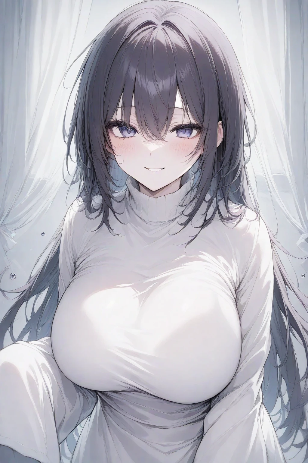Masterpiece, Very detailed, Ultra-detailed, One, ghost woman - transparent skin and body, long gray hair, tired eyes and white long dress, with huge breasts and around the moon and stars, terrible and terrifying atmosphere