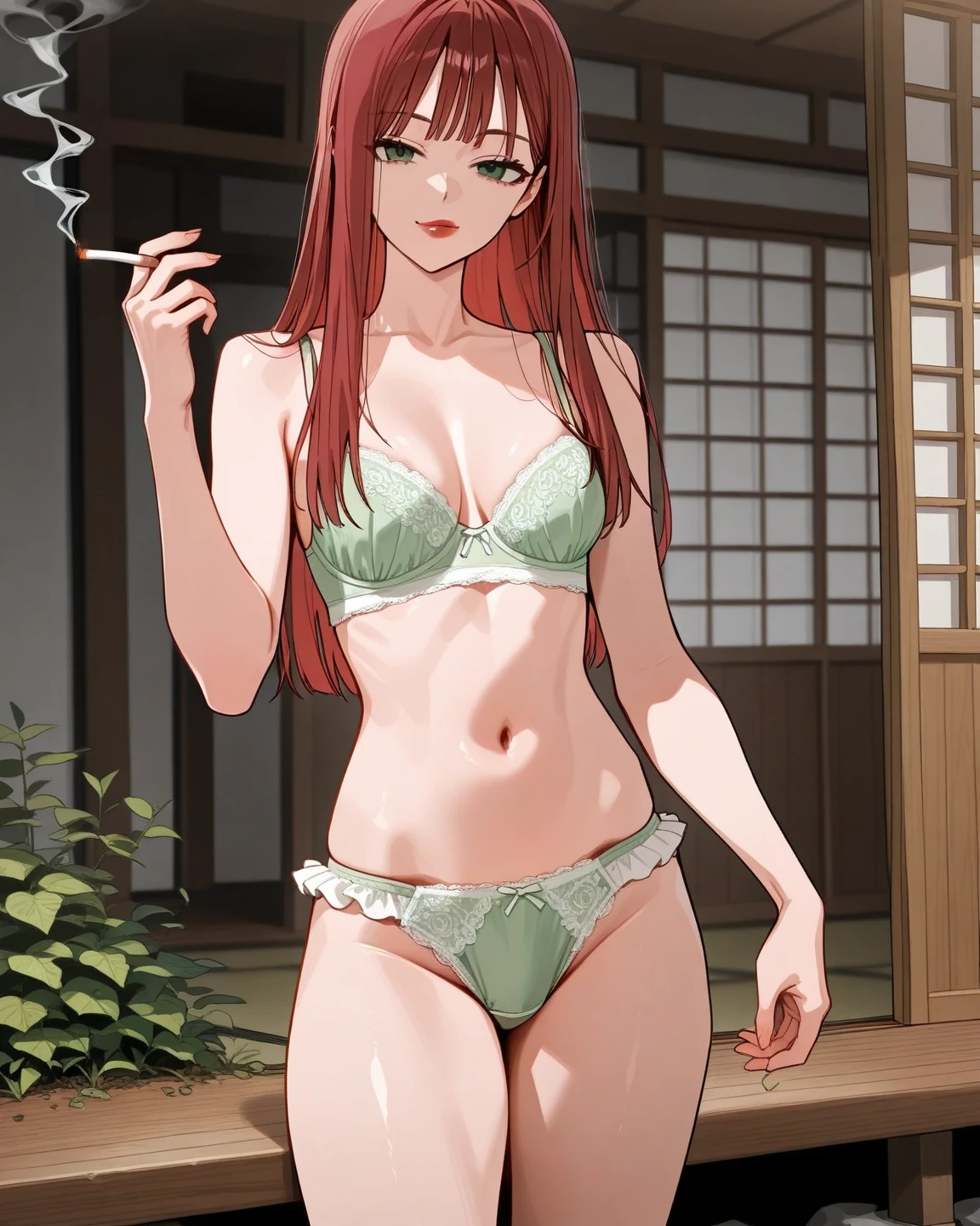 (((masterpiece, Highest quality, High resolution, 超High resolution, Perfect Pixel, Depth of written boundary, 4K, RTTX 10.0))), Beautiful Anime Women, Beautiful art style, Anime characters, ((Smooth texture, Realistic texture, Anime CG Style)), Exact finger count、Exact number of legs、(Exact number of arms:1.0, Exact number of hands:1.0), (Perfect hands, Perfect Anatomy), Cinematic, Realistic, Extremely detailed CG, Daytime lighting, Perfect lighting, Best Shadow, The best natural light, whole body, Perfect body, バランのとれたPerfect body, Perfectly balanced style, (Slender body:1.2), ((Long Hair, bangs, Reddish brown hair, Stylish hairstyle)), ((A cute woman stands with her hands in her panties:1.8)), (Put one hand in your panties:1.8), (fingering:1.8), (pussy juice:1.5), ((Bow tie around neck, High heels:1.3), (Sexy and cute emerald green underwear:1.3), (Stylish shiny emerald green satin panties, Side-tie panties, Panties with plain emerald green in the center and lace decoration on the sides:1.3), (Thin panties with ribbon:1.3), (Emerald Green Micro Lace Satin Bra, Emerald green bra with lace trim, Thin bra with ribbon:1.3), (lace garter belt, Garter Strings, Knee socks:1.3):1.3), (Beautiful big , Cleavage:1.1), (Embarrassed expression:1.4), blush, (sexual pleasure expression:1.5), (The expression of someone who is holding in the toilet:1.4), (Look up, Mouth half open:1.4), (Half-close your eyes:1.3), (Stylish cake shop, Receiving guests, Many customers in the background, A busy store, Chair, table:1.3), naked, In underwear, Waitress in underwear, (Frilly maid-like headband:1.2), whole body, Angle from the front, chizuru