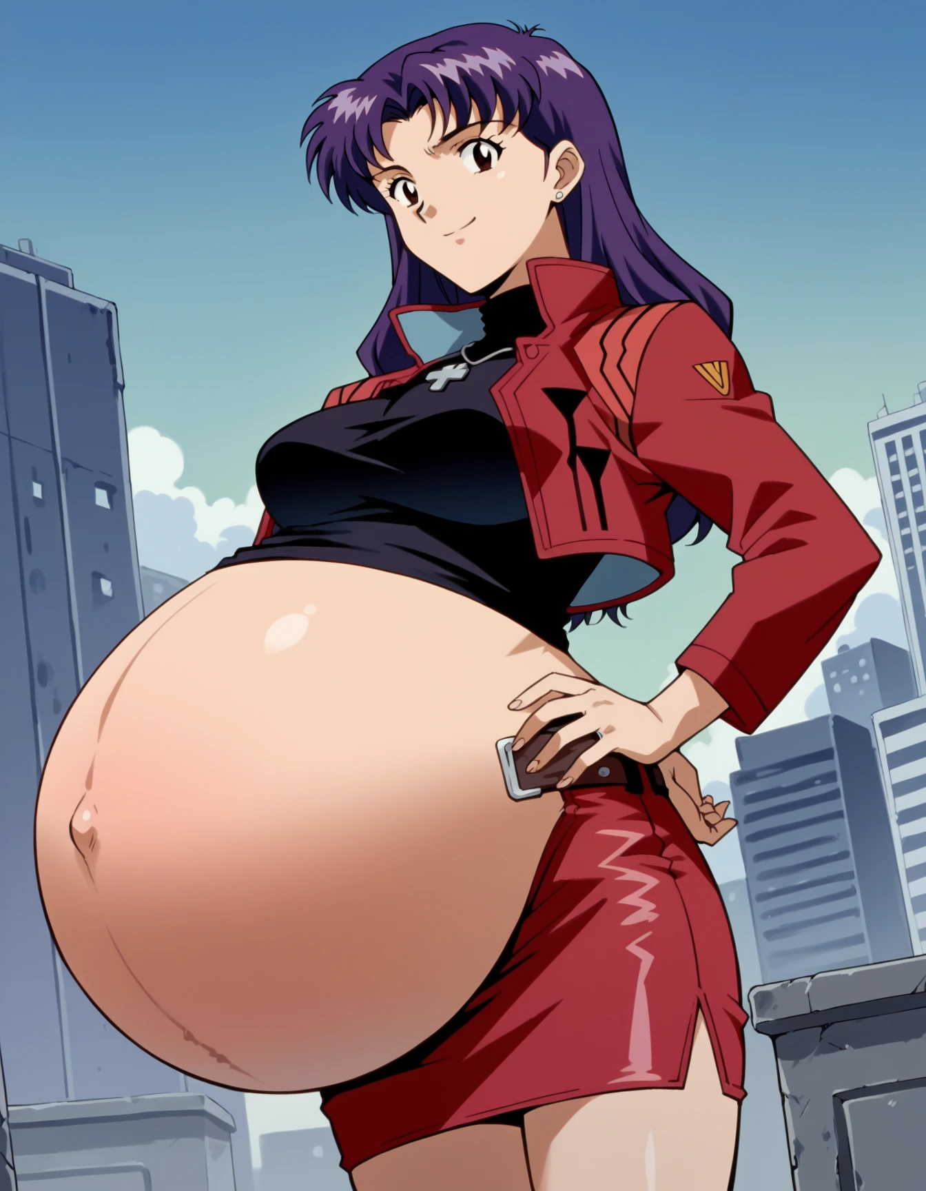 art by kipteitei, 1girl, dark purple hair, misato katsuragi from the anime evangelion, big plump belly, pretty face, nose, lips, beautiful eyes, (best quality, masterpiece, 4k, sharp focus), professional photograph, sharp focus, dramatic, award winning, cinematic lighting, octane render, unreal engine, volumetrics dtx,
