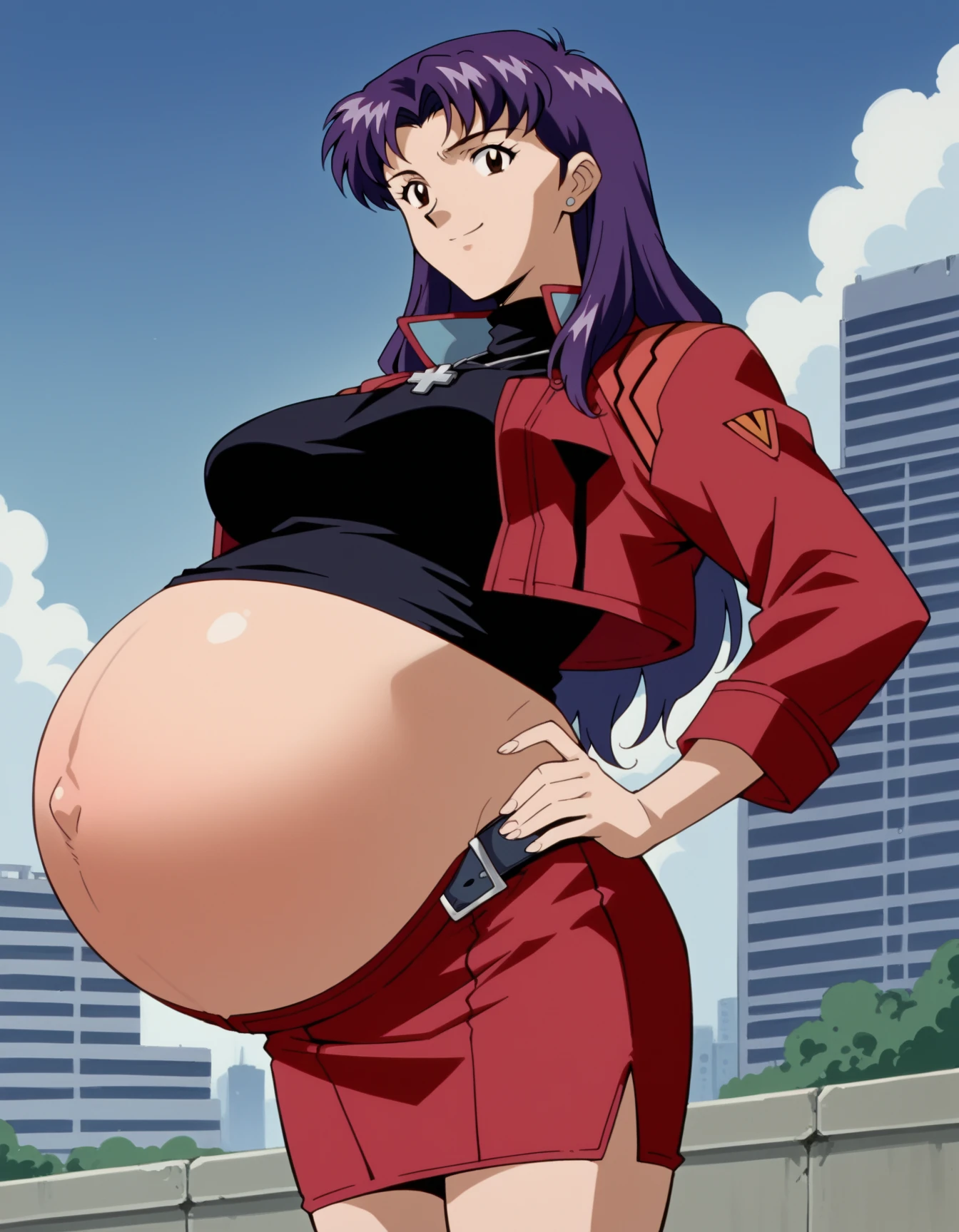 art by kipteitei, 1girl, dark purple hair, misato katsuragi from the anime evangelion, big plump belly, huge belly,pretty face, nose, lips, beautiful eyes, (best quality, masterpiece, 4k, sharp focus), professional photograph, sharp focus, dramatic, award winning, cinematic lighting, octane render, unreal engine, volumetrics dtx,
