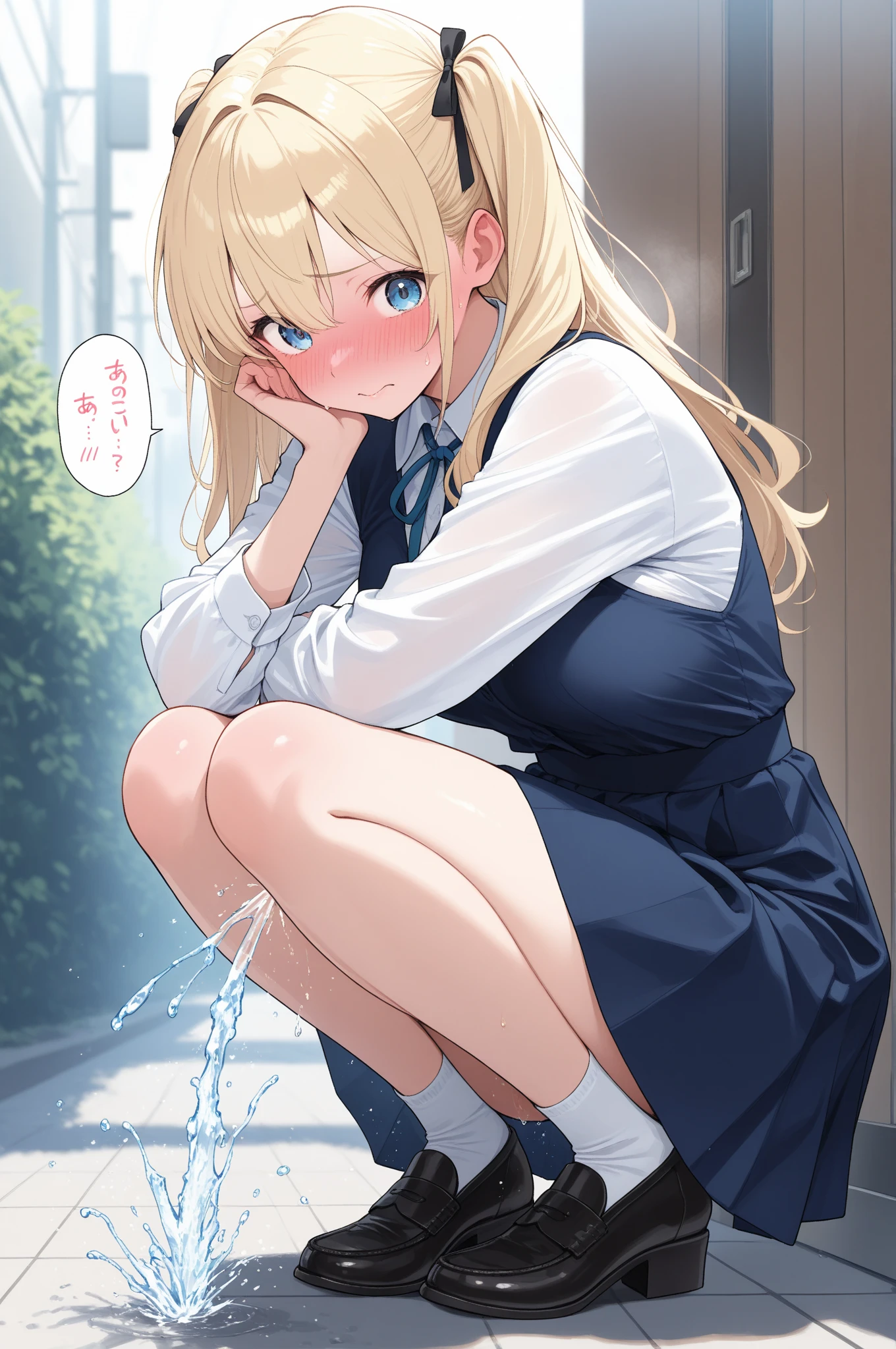 grin, bed, showering, blonde hair, miniskirt, thighs , squatting, kneeling