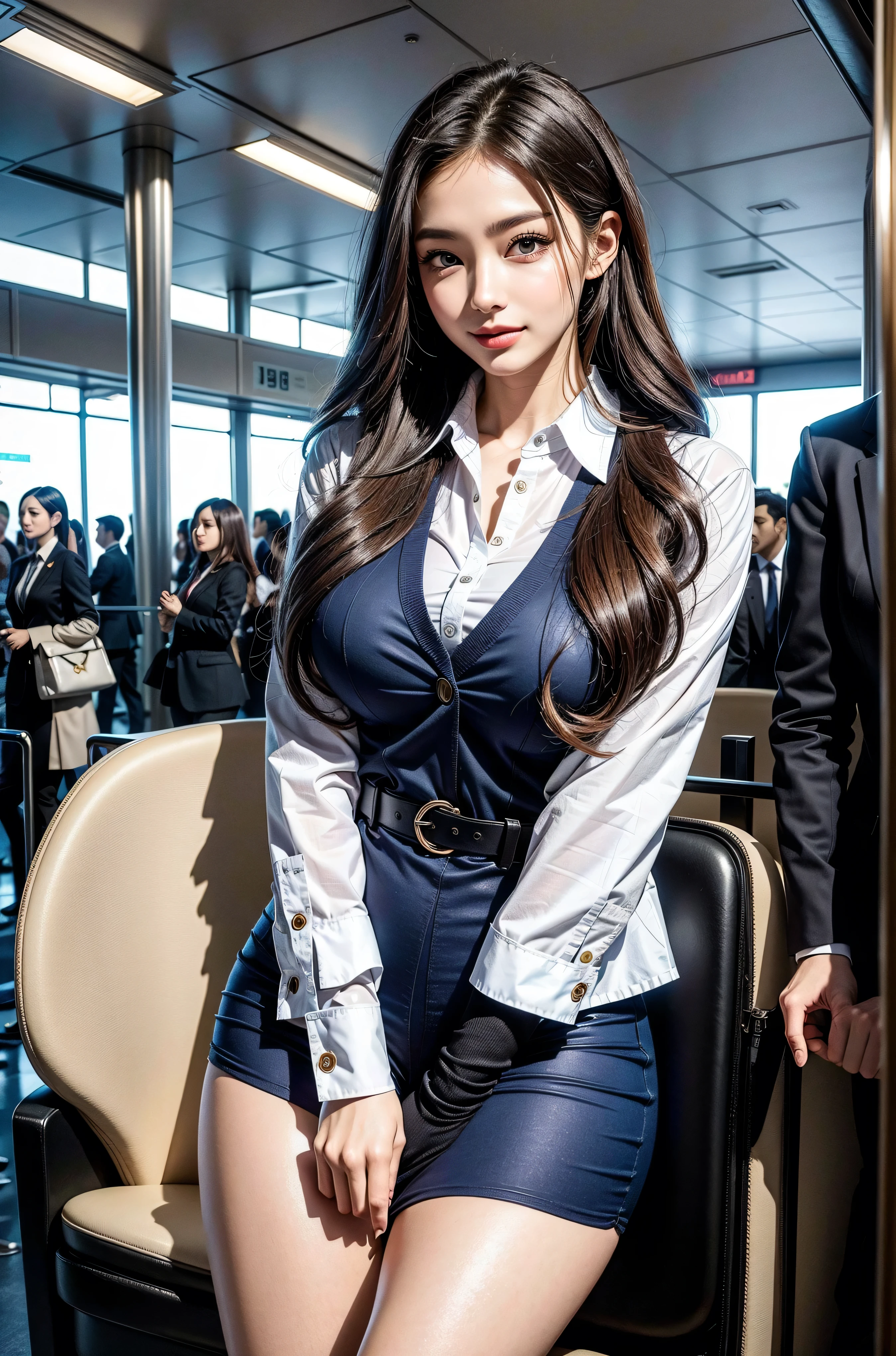 8K, Masterpiece, RAW photo, Best quality, Photorealistic, Extremely detailed CG unifies 8K, 8K, Diamond, and wallpaper, Depth of field, Cinematic light, Lens flare, Ray tracing, (Extremely beautiful face, Beautiful lips, Beautiful eyes), intricate detail face, ((ultra detailed skin)) 1girll, In the dark, deepshadow, Pretty Korean girl, Kpop idol, Photo of a sexy woman sitting in an airplane seat，Wearing a white flight attendant uniform，pleatedskirt，(Very slim and slender muscular body:1.3), （Flesh-colored pantyhose：1.3），White standard flight attendant uniform， ((huge tit:1.0)),Wide buttock，being thin，Redlip，黑The eye，（unholy：0.9），Cross ed leg，（textured fabrics：0.9），looking at viewert， (Pale skin), (Big eyes),（ssmile：0.8），flirting to the camera，（metallic fabric：0.5），extremly intricate，（realisticlying，primitive：1.5）， Sideslit， （bblurry：0.9）， detail in face， poor quality photo， hight contrast， inside airplane， Slender， bow-shaped， （birthmark：0.4）