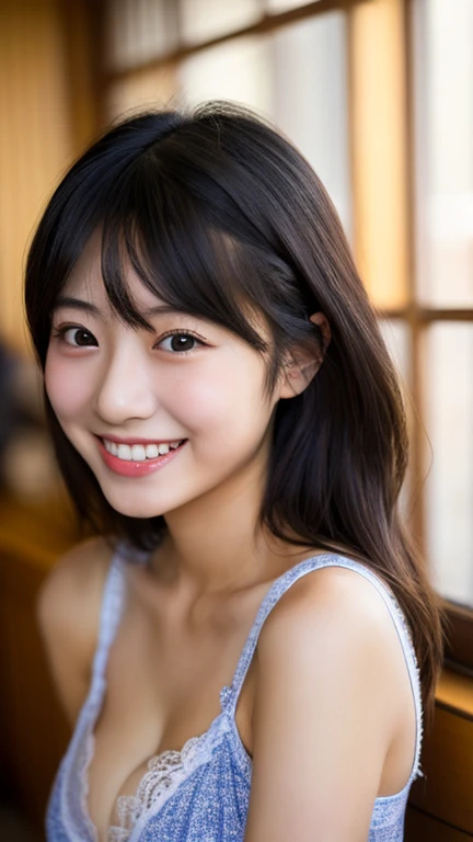 masterpiece,best quality,(Japanese ),((Beautiful girl)),cleavage,indoor,(perfect body beauty:1.2),(shy smile),beautiful teeth,