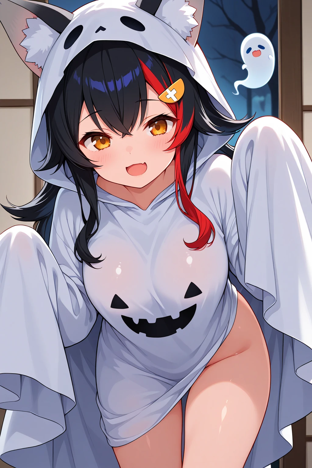 DBCOS, BeastCostume, 1girl, solo, on back, looking at viewer, blush, pillow, lying, bed sheet, on bed, jack-o'-lantern, parted lips, red bow, pumpkin, from above, knees together feet apart, smile, underboob, open mouth