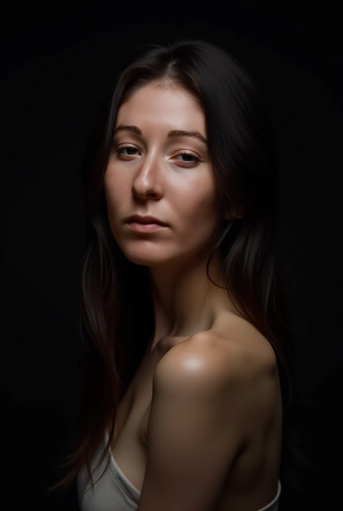 there is a woman with a very big breast posing for a picture, cinematic bust portrait, cinematic bust shot, cinematic realistic portrait, portrait of female humanoid, subsurface scattering skin, realistic textured skin, 8k portrait render, photorealistic skin tone, realistic face moody lighting, soft portrait shot 8 k, cinematic close-up bust shot, cinematic beautiful natural skin, 