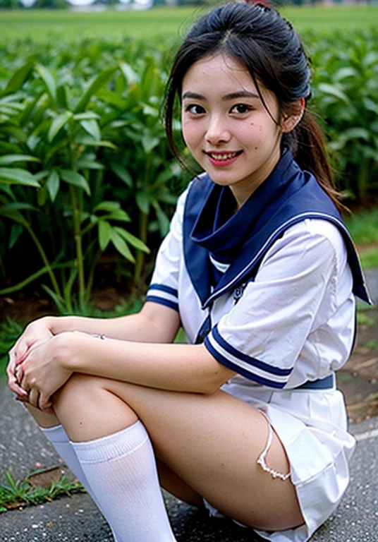 araffed asian girl sitting on a bench in a hut with a cell phone, school girl, of a  posing, wearing , hana yata, wearing a , with lovely look, slight cute smile, serena malyon, with a beautifull smile, kuntilanak, pretty girl, comming, potrait, short smile, pretty face