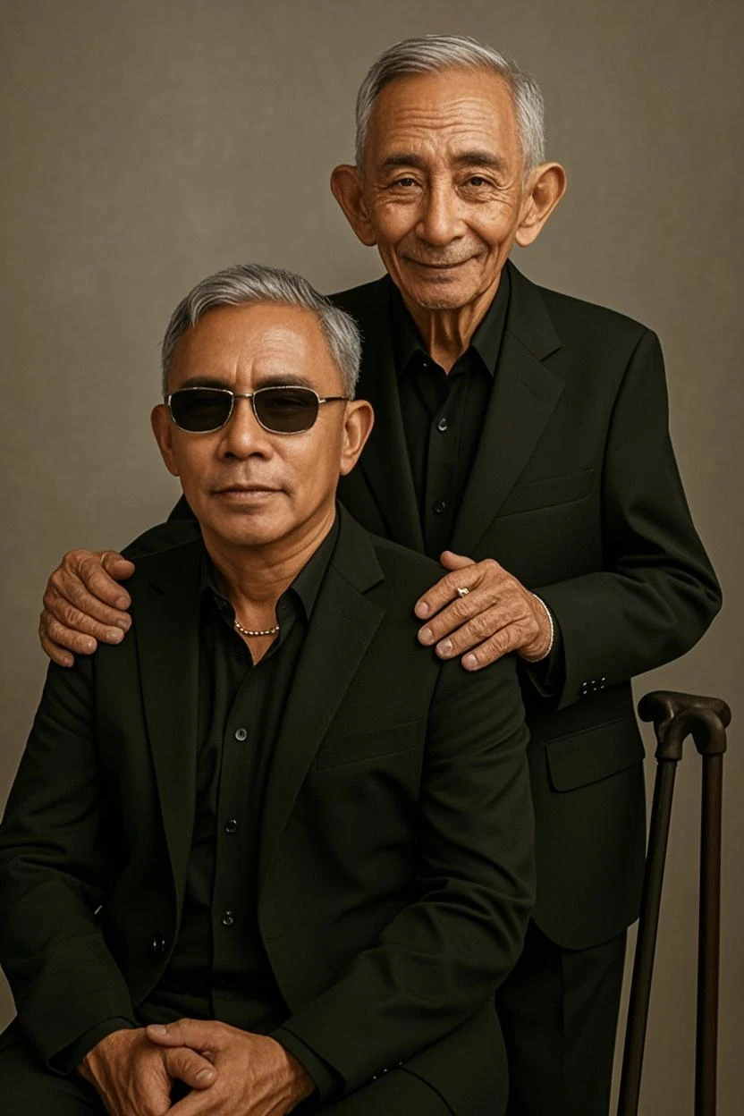 Two young Thai grandfathers with gray hair, gray mustaches, muscular bodies, bulging crotches, wet with sweat, are sitting along the canal.