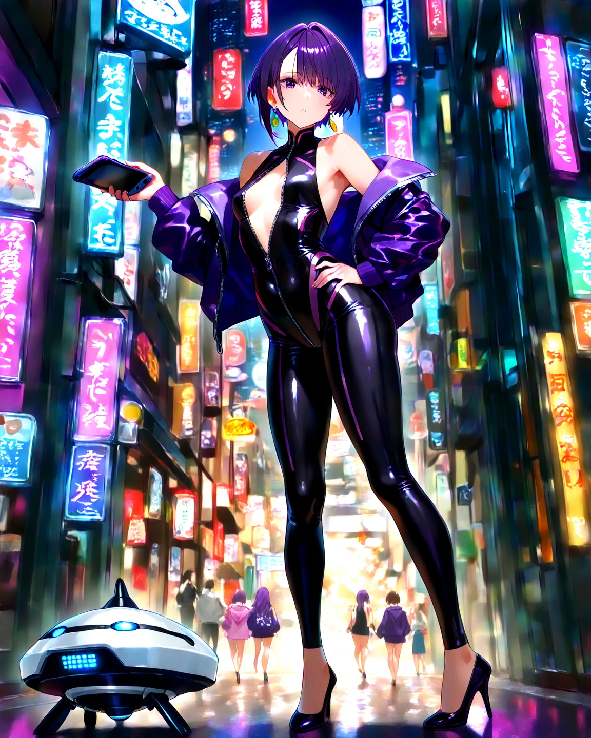 Cyberpunk, anime like, full body, purple hair, woman, city at night, vaporized background, blue backlight, sci-fi swim suit, swim suit tech , downtown, photo of body, sexy --auto --s2