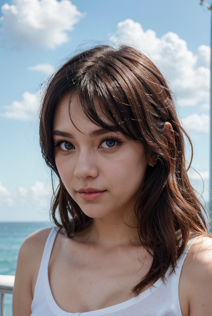 (Summer beach、Seaside、standing by the beach:1.2、Resort、blue sky、Beautiful sea)、(whiteTshirt:1.4、bikini:1.3、Sandals)、the wind is strong、(Realistic、Like a photograph、Live Action、8K, Realistic, RAW Photos, Best image quality: 1.4), Single-lens reflex camera、RAW Photos, Highest quality, Realistic, Highly detailed CG Unity 8K wallpaper, Written boundary depth, Cinematic Light, Lens flare, Ray Tracing, Realistic background、((ultra high density skin))、 A teenage girl traveling in Okinawa,Cute Japanese、Close-up:1.5、Super detailed face、Kissing Face、Facial expressions that want to kiss),avert your eyes:1.1、(Straight Long Hair:1.2、My hair flutters in the wind:1.1)、I like that style、stylish、Very detailed、Pay attention to the details、Perfect outfit、(Sunburned skin)、View from above、Accurate hands、Accurate legs、Detailed hands and fingers、Anatomically correct body