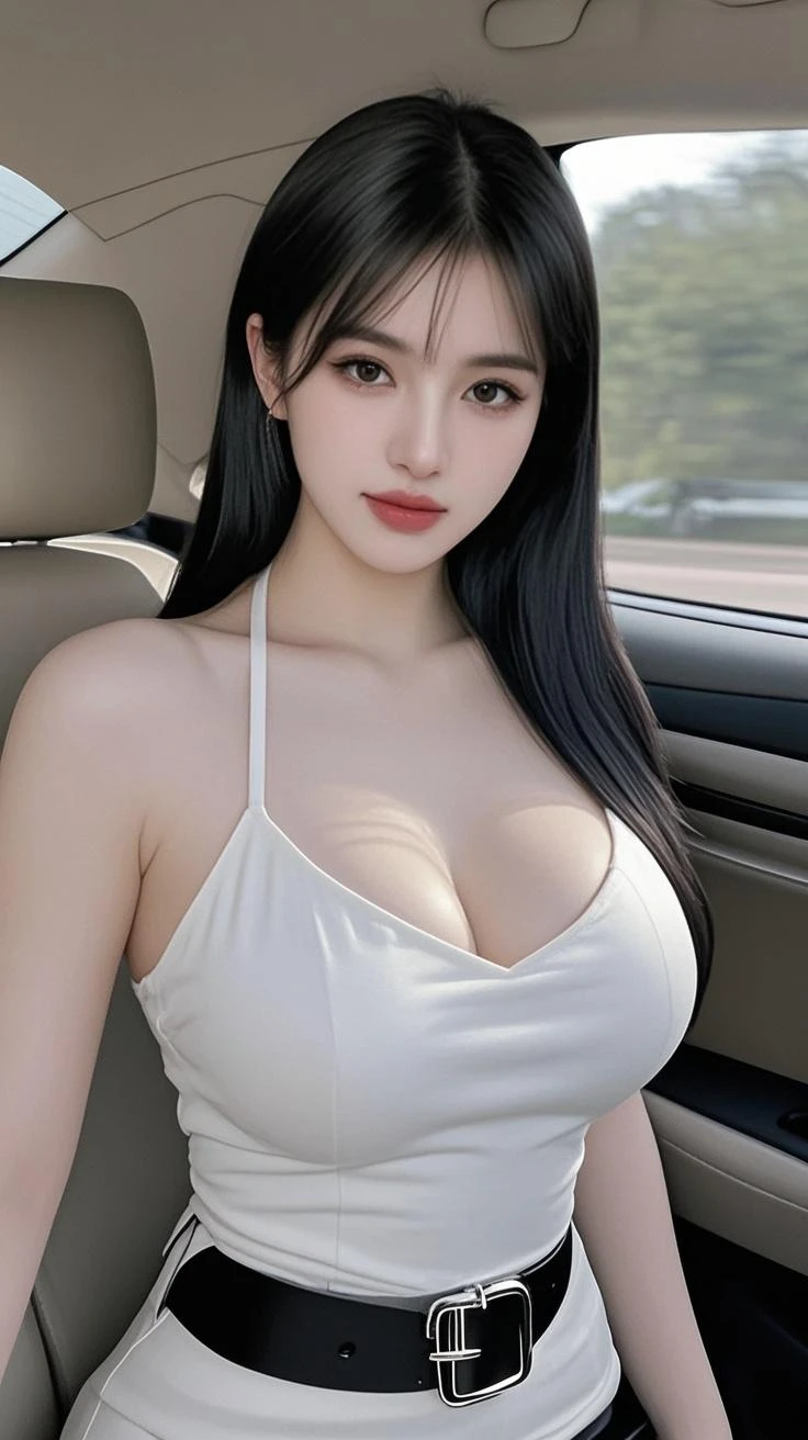 arafed woman, mixed Japanese and Mexican woman, selfie, dark black hair, head touching shoulder, chest covered, no clevage, beautiful curves, wearing buttoned shirt, wearing white pants, giant tits, very tanned skin, long straight hair, thin model, giant stunning goddess shot, (colossal tits (1.4)), buxom chested, clear portrait of demi rose, sitting, happy, smiling, looking at camera, gorgeous female, violet myers, Background with: (backseat of car with the sunset)