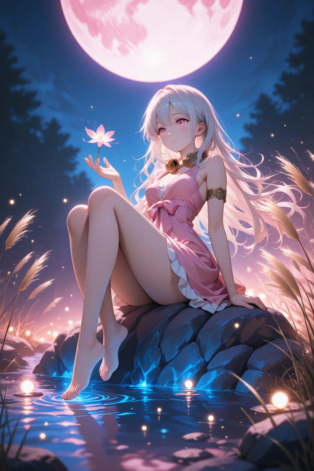 (best quality,4K,8k,high resolution,masterpiece:1.2),Ultra Detailed,(actual,photoactual,photo-actual:1.37),illustration,Soft Light,White hair girl,Deep purple eyes,Glowing eyes,sit down,barefoot,blush,Garden at night,Flowers.