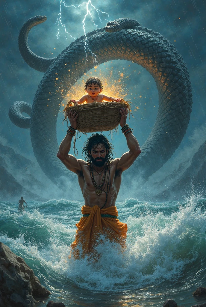 Vasudev ji, who is 60 years old, has put Krishna ji in a small bundle and placed it on his head and is crossing the river and it is raining heavily. Sheshnag ji is protecting Krishna ji from rain with his 5 faced hoods.