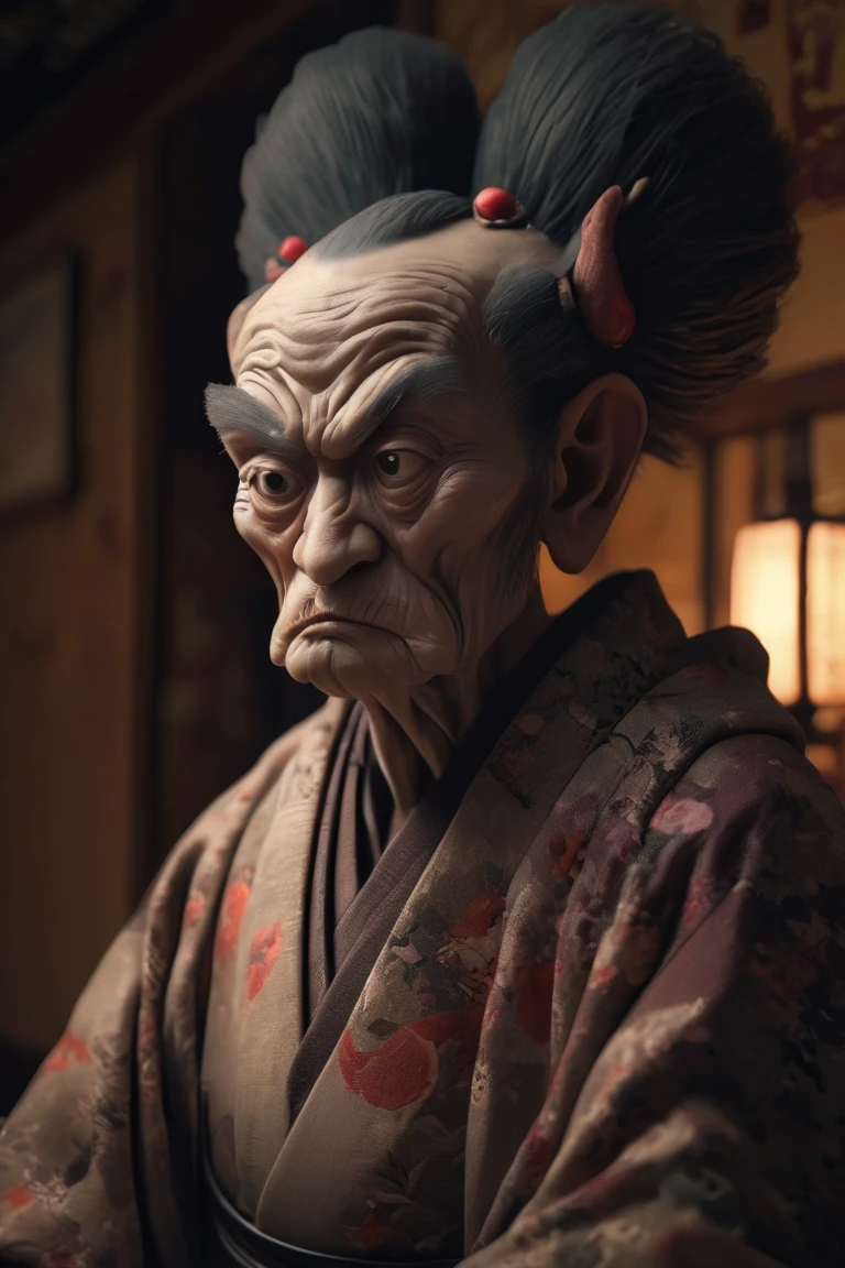 A steampunk Japanese town、There are a lot of monsters behind、Full Body Shot、Horror-themed movie stills,、Calm, big-headed old man,(Head size 1:4) (Full body portrait:1.3), (Detailed old man evil face:1.4), I'm wearing a kimono, Shallow depth of field, Vignette, Very detailed, High budget, Bokeh, CinemaScope, Sulky, amazing, nice, Film Grain, granular . Creepy, Anxious, dark, Creepyな, Suspenseful, strict, Very detailed