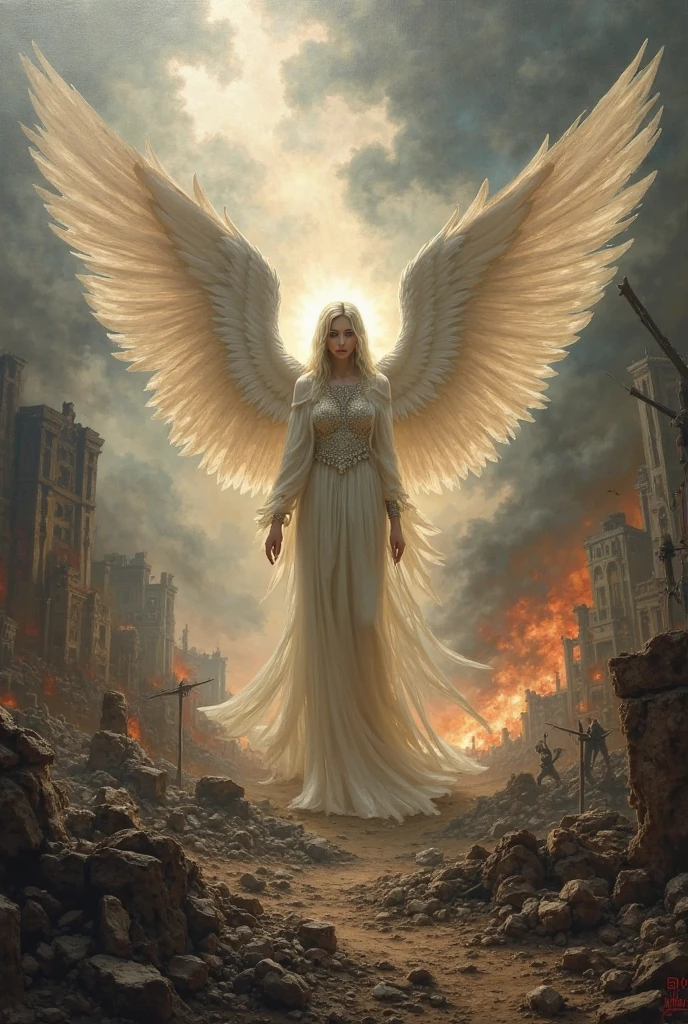(front view:1. 2) of a black and graceful fallen female angel,finely detailed features,warmly lit from the front,hyper realistic, ultra detailed photograph of a woman, large white wings folded down, sad, intricate white dress, walk on decrepit street in fire, destroyed buildings, dark sky, active fires in background, volumetric fog, subsurface scattering, ambient occlusion, post apocalyptic, ruins of war, fire, smoke,
