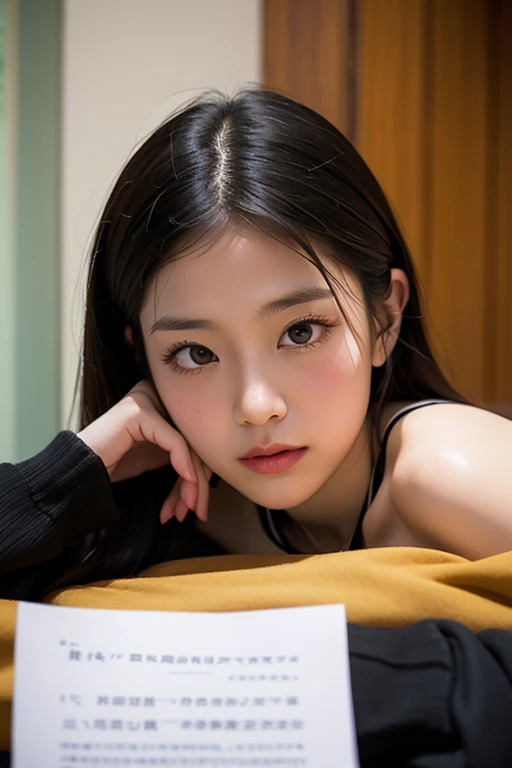 Thin 18 year old Asian girl dressed in black lingerie lying on the furniture with her hands in her vagina and legs spread
