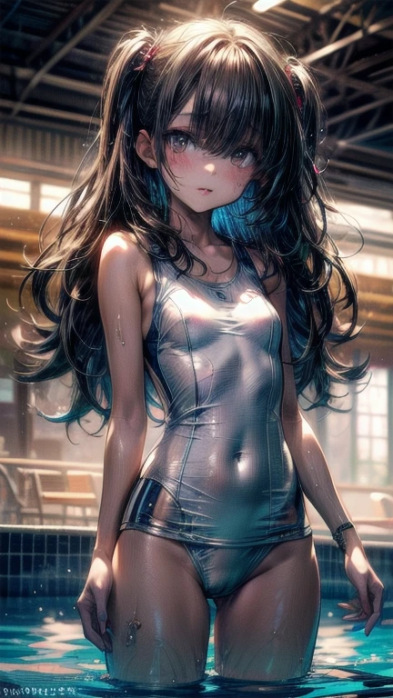 (realistic:1.2), (masterpiece, best quality, ultra-detailed), (beautiful detailed face, beautiful detailed eyes, volumetric lighting),1girl, solo, (dutch angle:1.3), (colourful hair, blue eyes:1.4), small breasts, twin_tails, (Aquamarine One-Piece Swimsuit, :1.2), monocle,mksks style, (beautiful detailed hill, noon:1.2), (light particles, lens flare, chromatic aberration:1.3), no glasses, thicc_thighs, long legs,
