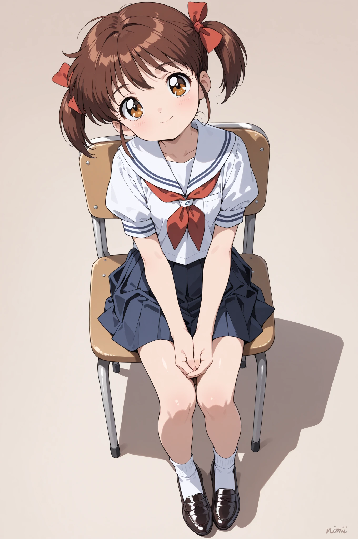 A female student in a sailor uniform sitting on the floor of the gymnasium and watching a physical education class because she feels unwell,(masterpiece, best quality:1.2),illustration,8K,HD,1girl,独奏,upper body,(portrait:1.2),brown_hair,folded_ponytail,brown_eyes,serafuku,long_hair,school_uniform,skirt,pleated_skirt,