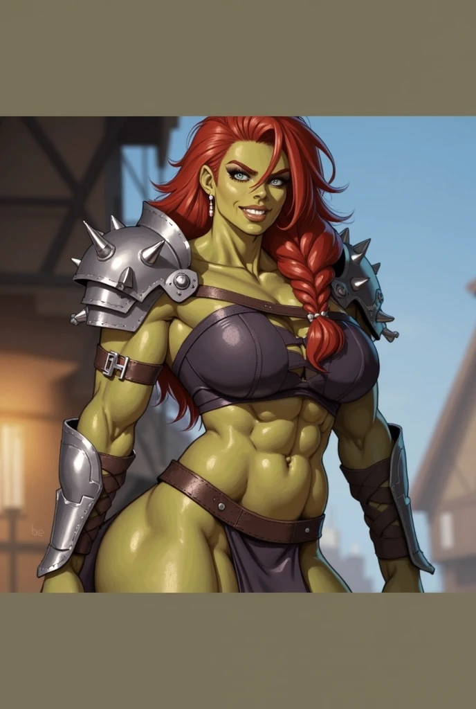 Alone orc, Female orc, fantasy race, large breasts, iron bikini armor, barbarian woman, green skin, red hair, muscular woman, slingshot bikini armor