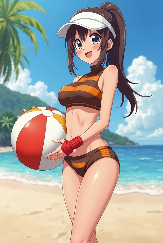 sksbrooke person, sksbrooke, (masterpiece:1.2), (best quality:1.2), perfect eyes, perfect face, 1girl, solo, brown eyes, (medium breasts), perky breasts, yellow stripe bandeau top and Brazilian bottom, beach background, smiling, kneeling, back turned