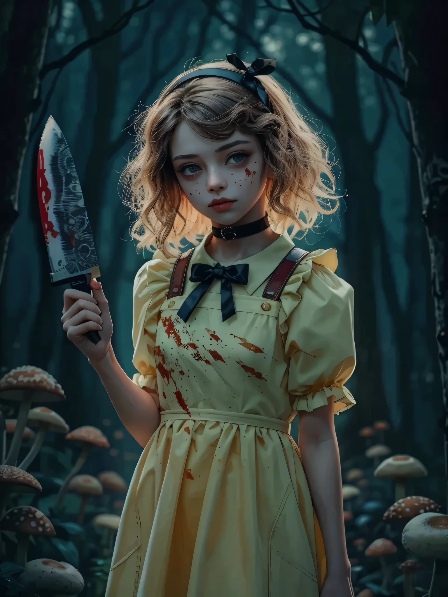 ((Highly accurate drawing across the details) Extremely accurate depiction )[high resolution],((realistic texture expression)),(Clear and precise illustrations),(Very fine and precise drawing ),(Delicate lines with slow speed)[[Beautifully color-tressed main lines]], deep forest background in Wonderland (Poisonous Mushroom Forest )[ Forest Plants That Look Like Cheap Props[psychedelic]][[ tree like a stage set 々]],[kawaii][[Irish Beautiful Girl]](GIRL Beauty([Big, Beautiful Little Devilish Eyes]Pathologicalな顔つき(Dark Spots Under Your Eyes)[Beautiful Girl with an Unhealthy Atmosphere ])[11 years old])[ slightly addictive chestnut hair ]((SKINNY)[ with flesh that seems to be thin under the skin ][[Pathological] thin, skinny body [Immature bodies at the beginning of secondary sexual characteristics]])[Very thin thighs],[[headband]](( light yellow puff sleeve dress )[(frills)ribbon])[leather corset][garter belt(striped knee-high socks)][punk fashion[Tack]],[[ Rusted Knife]],[ALICE(Nightmare)][[Bizarre atmosphere]Modern horror style ( Return Blood[Bloodstain])][Demon Possession]],gravure[[posing]]( realistic ambient light )[[Dynamic Angle]][Natural Eros],(Intricate and beautiful decoration[high density details]),(Fine, and beautiful skin expression[Transparency]),(精密に細部まで描画された美しい目のdetails)[[深いTransparency][Sharply defined pupils](A jewel-like iris)((Beautiful eyes clearly drawn down to the smallest detail))]),[[Eye Light[Pinpoint lighting for the eyes]]],[Long and beautiful eyelashes],[Soft looking lips],[[Uncluttered hairstyle]Intricately drawn hair[美しく艷やかな髪のdetails]],(完璧な手のdetails[Beautiful fingers without flaws[Beautiful nails]]),[[[[Beautiful navel]リアルな臍のdetails]]],(Perfect Anatomy(Perfect, well-balanced proportions))[[full body view:0.4]],[[High level of design[The golden ratio]]][ideal color coordination(accurate simulation of the interaction between light and materials)[Beautiful and vivid color]],([precise details](details,High precision in selection)),[[high contrast with a silver gun]][Narrative visual art].