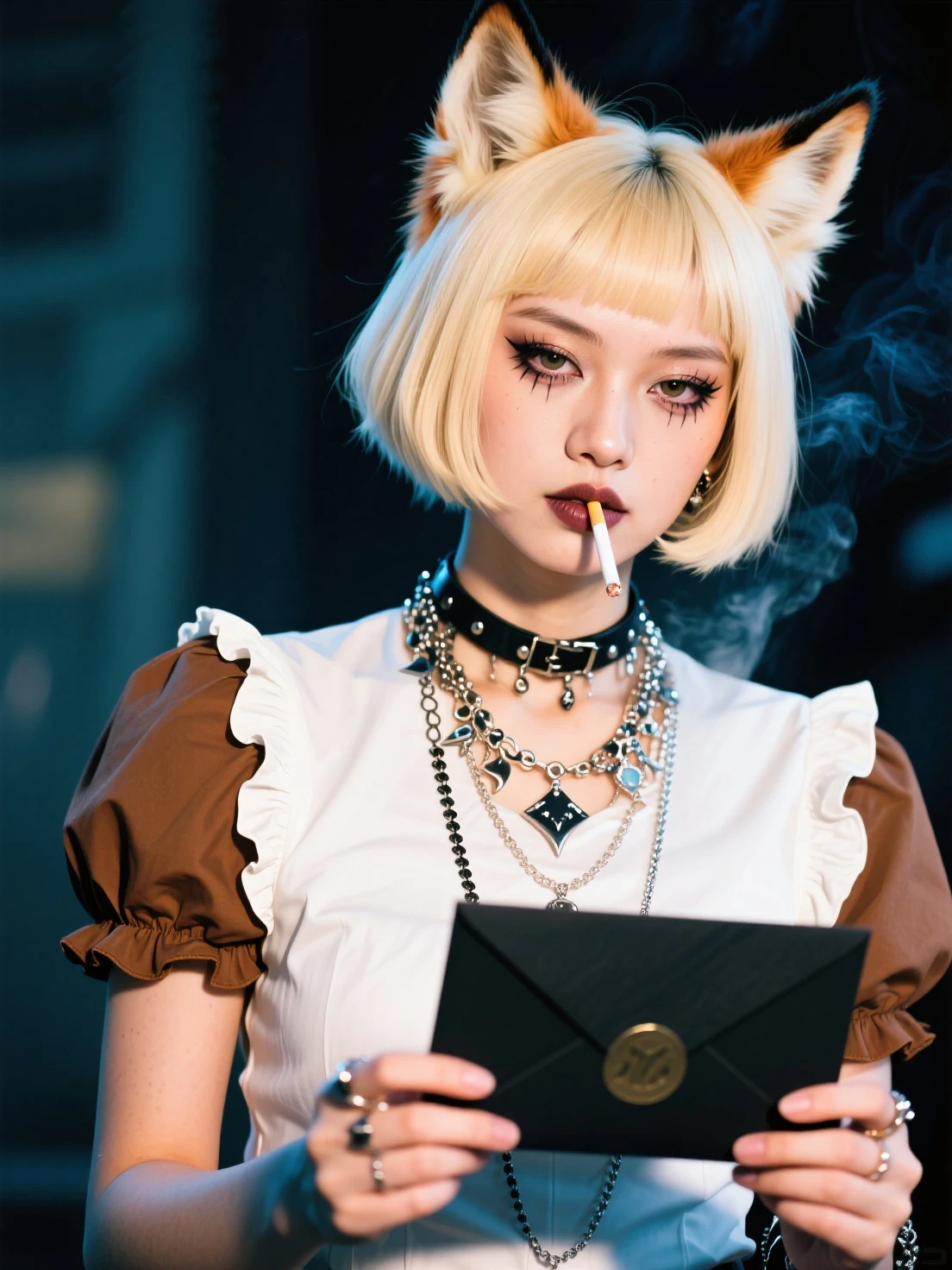 Japanese beautiful woman, fox man, blonde very short pixie cut hairstyle, brown and white short-sleeved blouse with ruffled sleeves, is handing out a black letter, smoking a cigarette, excessive makeup, lots of necklaces, punk necklace, bust shot,