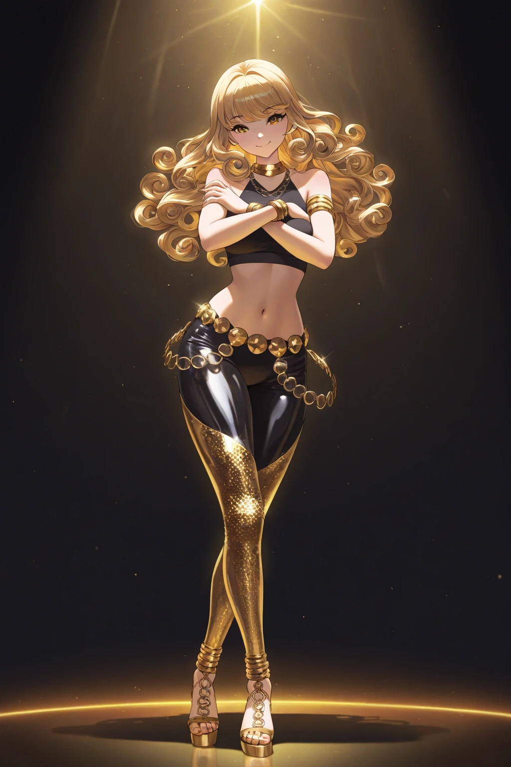 3D cinematic film.(caricature:0.2). 4k, highly detailed, 36 year old woman, standing at approximately 5'1" tall, tan-olive skin, long blonde hair, green eyes, mascara, red lipstick, closed lips, closed mouth, slim physique, medium breasts, cleavage, (Wearing: shiny black leggings and yellow off-shoulder top, golden bracelets and high heels), hands on hips, wide smile, smug look on face, looking at viewer
