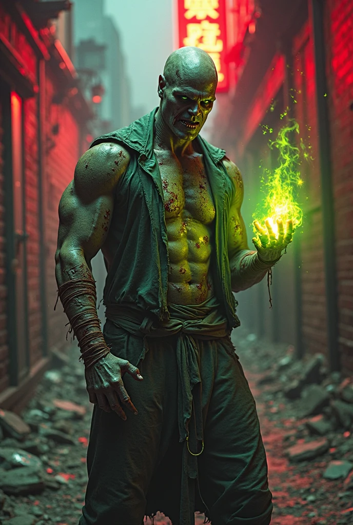 Create a man with venom green hand with six pack