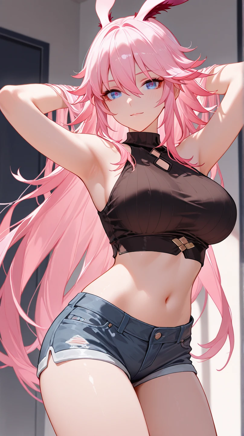 Super detailed、highest quality、Best image quality、masterpiece、8K、Anime Face、A kind smile、(Open Mouth:1.5)、Sparkling Blue Eyes、Long blonde curly hair、Cat ears grow、Wearing a maid headband、(SFW huge body)、(((Rear view)))、Cowboy Shot、(Wearing a pink thong:1.5)、Muscles of the whole body、Kneel
