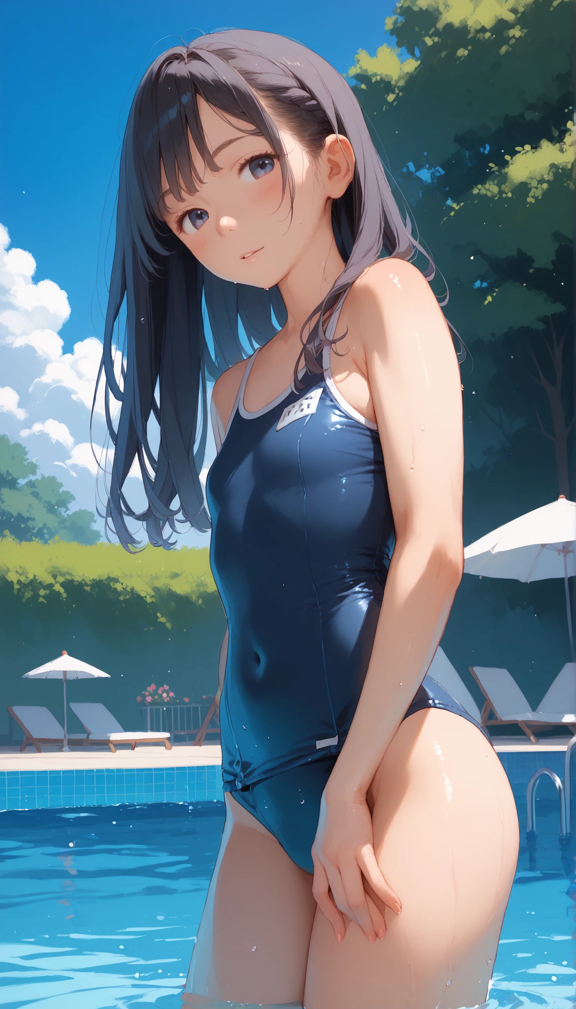 ((top-quality))、((masterpiece))、1girl in、Formal-up、beautiful detailed eyes and face、pretty skin、a very cute、22year old、School swim wear(darkblue、Simple design、Matte texture、Wrinkle、Polyester material、Nero、shadings、)Wet body、Anime Face、Beautie、Facing the front、big eye(Beautiful fece、Anime Face、Clear eyes、Fine details、Beautiful eyes)Well-formed face(Beautiful nasal muscles、Perplexed、sharp mouth)full of sweat、sodden、Wet feeling、Background with(sunny sky、takeout)、8K picture quality、perfectly proportions、A slender、red blush、female focus on, hair adornments,length hair, Look at viewers,