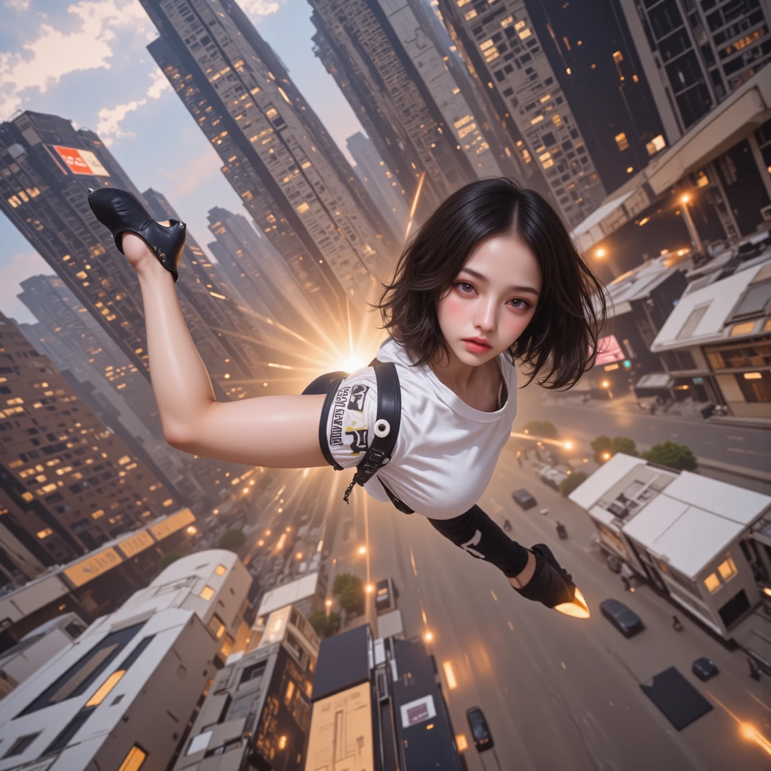 A woman with the supernatural power to fly、(Soaring above the big city:1.6)、(Hair blowing in the wind and clothes fluttering in the wind)、Charming smile、Distinctive and attractive costumes、Dynamic pose、Dynamic low-angle shot、mynatalee women 、 (highest quality、4k、8k、High resolution、masterpiece:1.2)、Super detailed、(Real、Photorealistic、Photorealistic:1.37)、HDR、Bright colors、Portrait、Sharp focus、Studio Lighting、anime、Bright colors