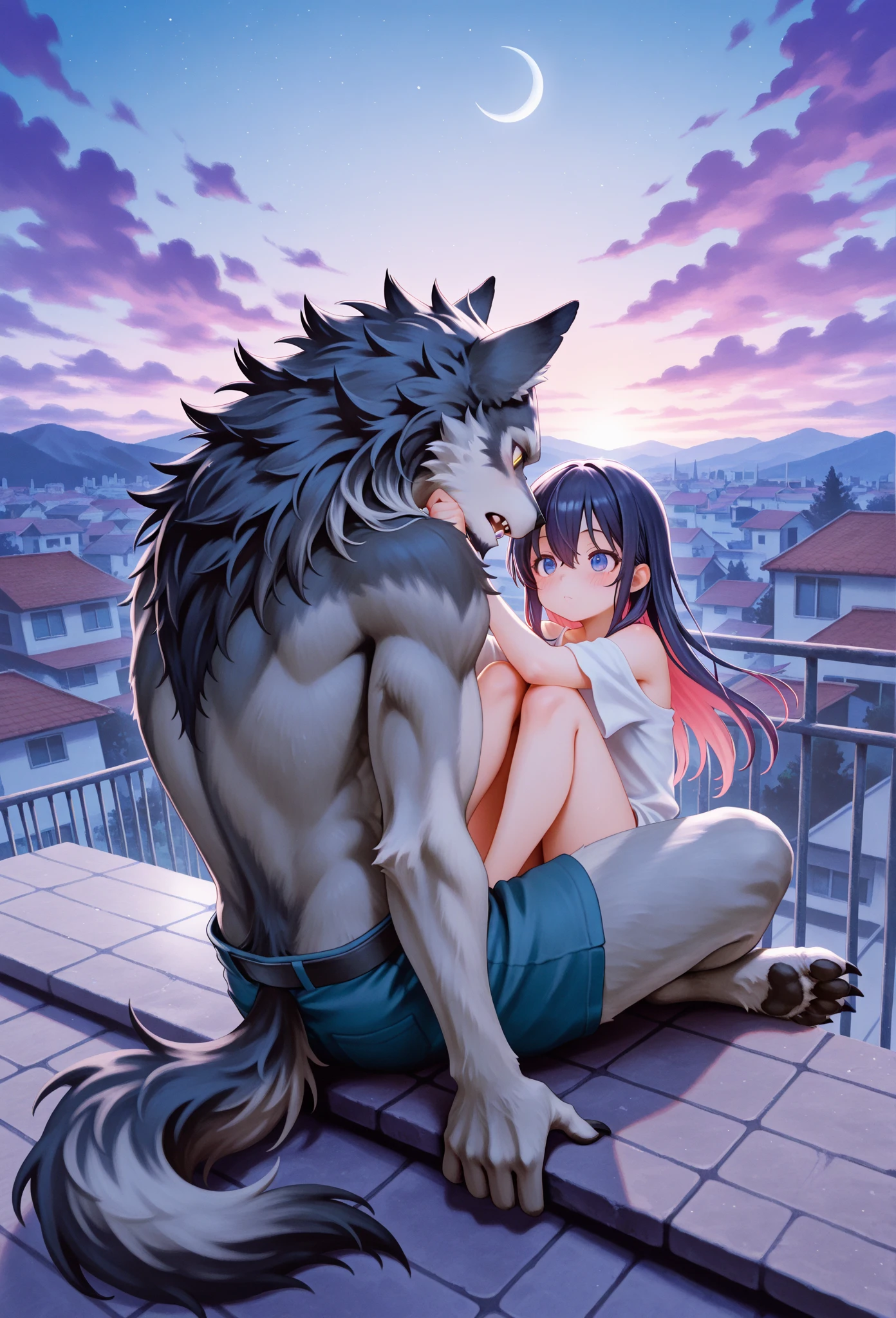 Young girl with black hair, long twintail, twintail hairstyle, (blue eyes), ((small bushy eyebrows)), wearing gothic lolita clothing, lolicon , to school, bored eyes, bored face, to school, flirty smile , suddenly having sex in public, ((doggy style sex)), ((public sex )) naked ass in the werewolf crotch, werewolf man , ((being raped by a decrepit old werewolf in a dirty alley,
