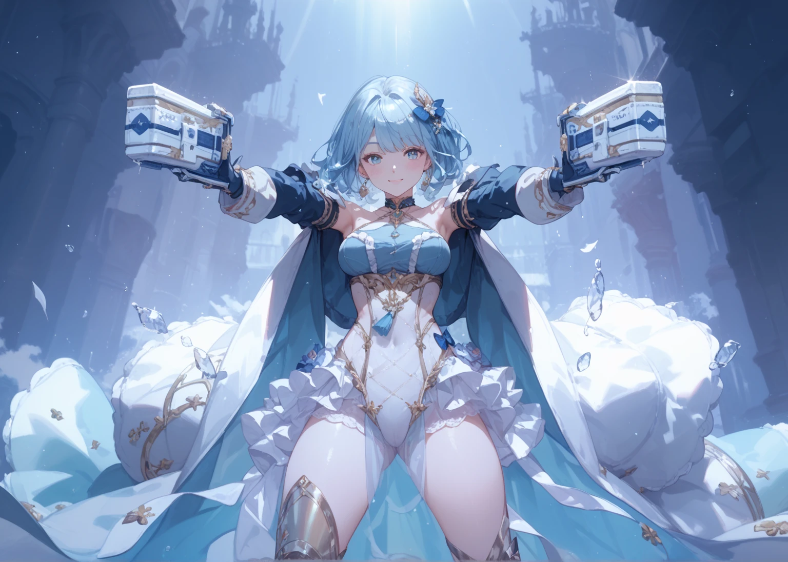 （（（highest quality、first-class、masterpiece、Normal body、8k、Detailed face、Ultra-precision、Normal hand、Normal finger、５Finger、）））Brightly colored hair、Silver-turquoise hair、Short Hair、Shortcuts、Sleeping habit head、Unshaven Head、Small breasts、Beautiful body、Brave、Brave Princess Knight、A sad expression、A look of amusement、Moist eyes、Legendary Sword、Sword of Light、Dragon Sword、Sword and magic circle、Magic Sword、The Great Magic of Light、huge magic circle、Shiny Tiara、Silver Breastplate、Silver Dress Armor、metalic armor、Metallic Leotard、Silver Leotard Armor、Gold Belt、Gold Half Cloak、Evil Eye、Blue and scarlet odd eyes、Sacrifice、Sacrificeの祭壇、Sacrificeの儀式