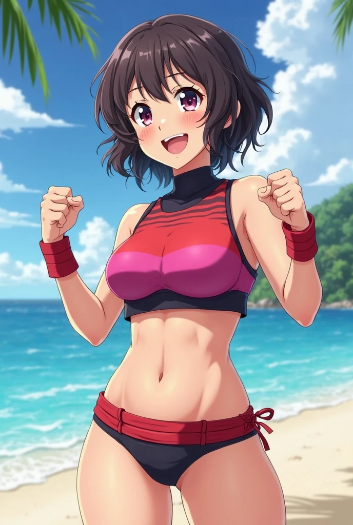 masterpiece, best quality, beautiful art, high resolution, well formed hands, body and fingers, 1 woman, solo, Hikari Hazakura , hair ribbon , adult, big breasted, cleavage, full body, long  hair, hair ornament, gorgeous legs and thighs, smile, wearing a Tyris Flare outfit, sexy and skimpy bikini, she is fighting in a combat match at a martial arts tournament, she is getting ready to fight, making her guard pose, action and fighting scene, about to hit the viewer, looking at the viewer, sweating , feeling confident and proud, smiling joyfully and happily, charming her opponent with her beauty, fighting scene, martial arts tournament on the beach 